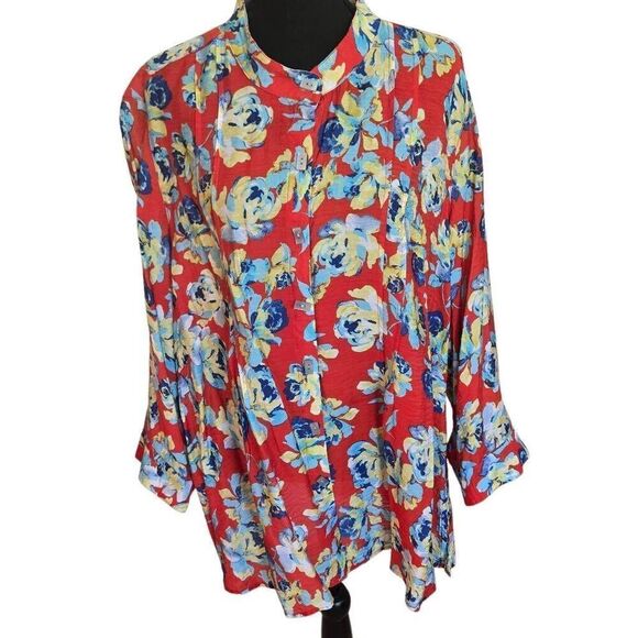 Multiples Women's Floral Long Sleeve Pleated Tunic Top Blouse Red Blue Size 1X - Picture 13 of 13